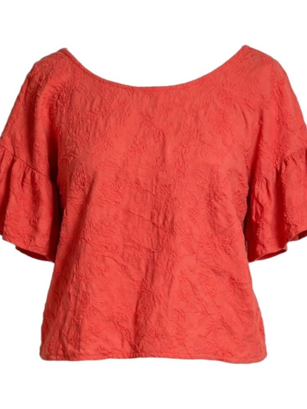 By Anthropologie Rory Embroidered Bell Sleeve Cotton Top - Red-Orange - L